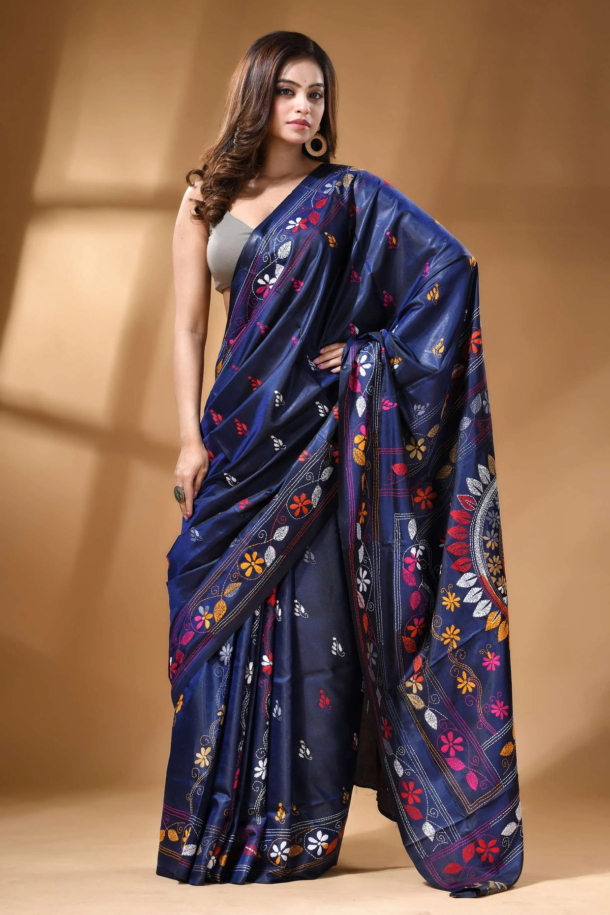 Navy Blue Multicolor Ethnic Hand Embroidery Silk – Craftyle