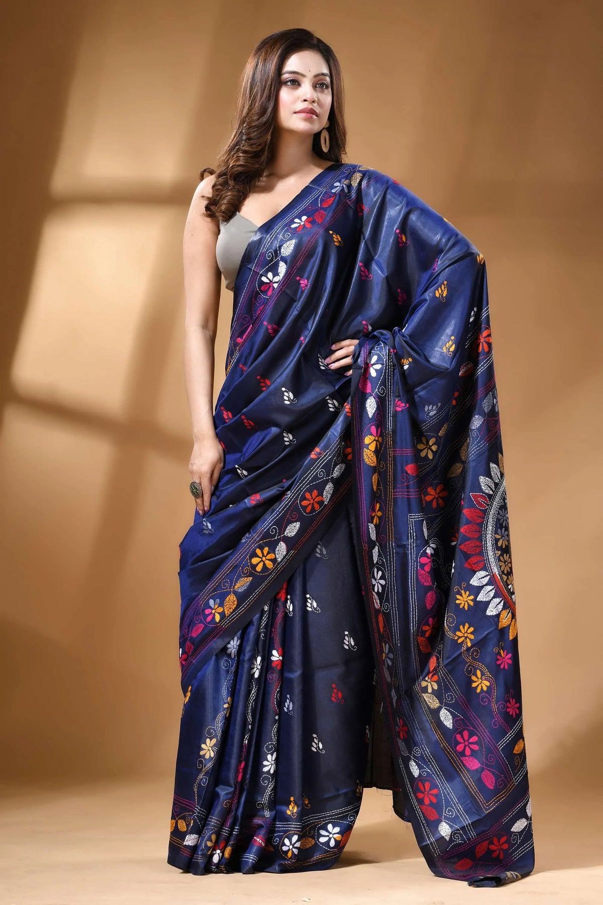 Navy Blue Multicolor Ethnic Hand Embroidery Silk – Craftyle