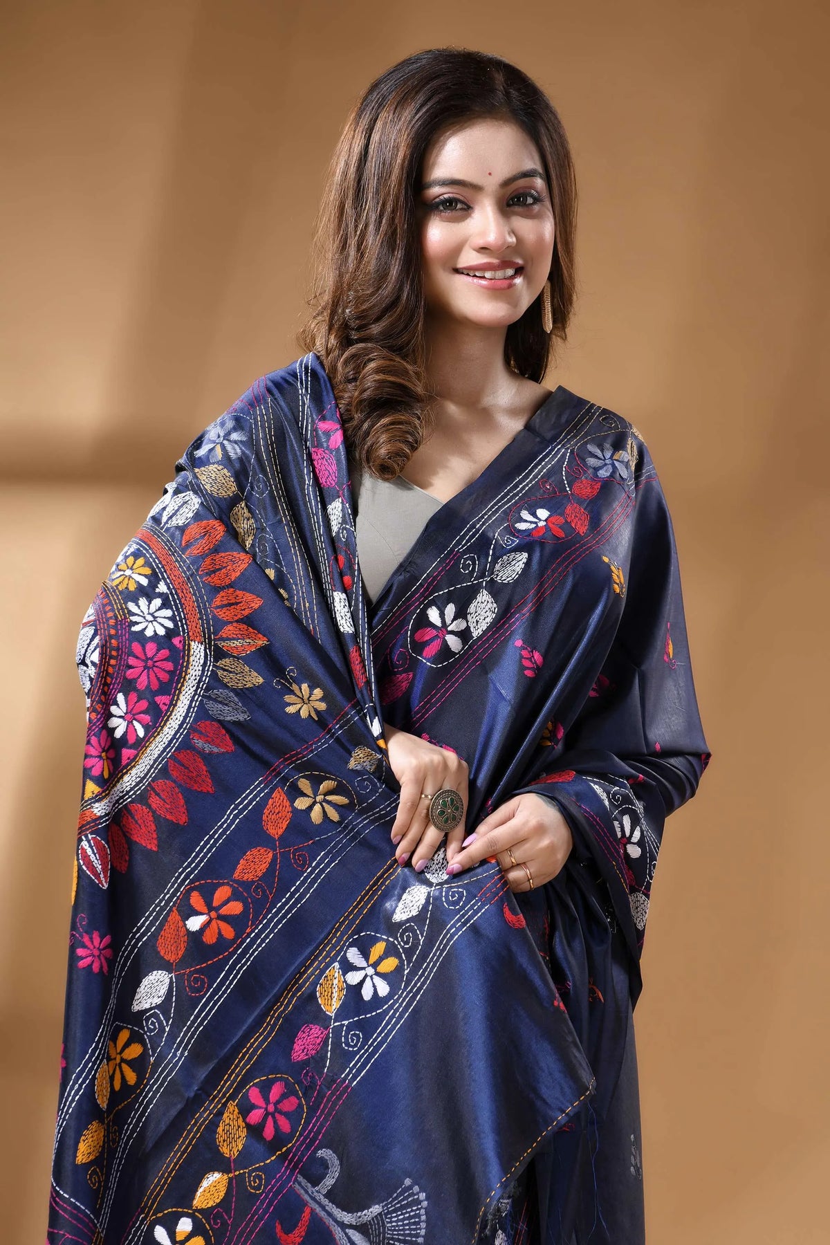 Navy Blue Multicolor Ethnic Hand Embroidery Silk – Craftyle