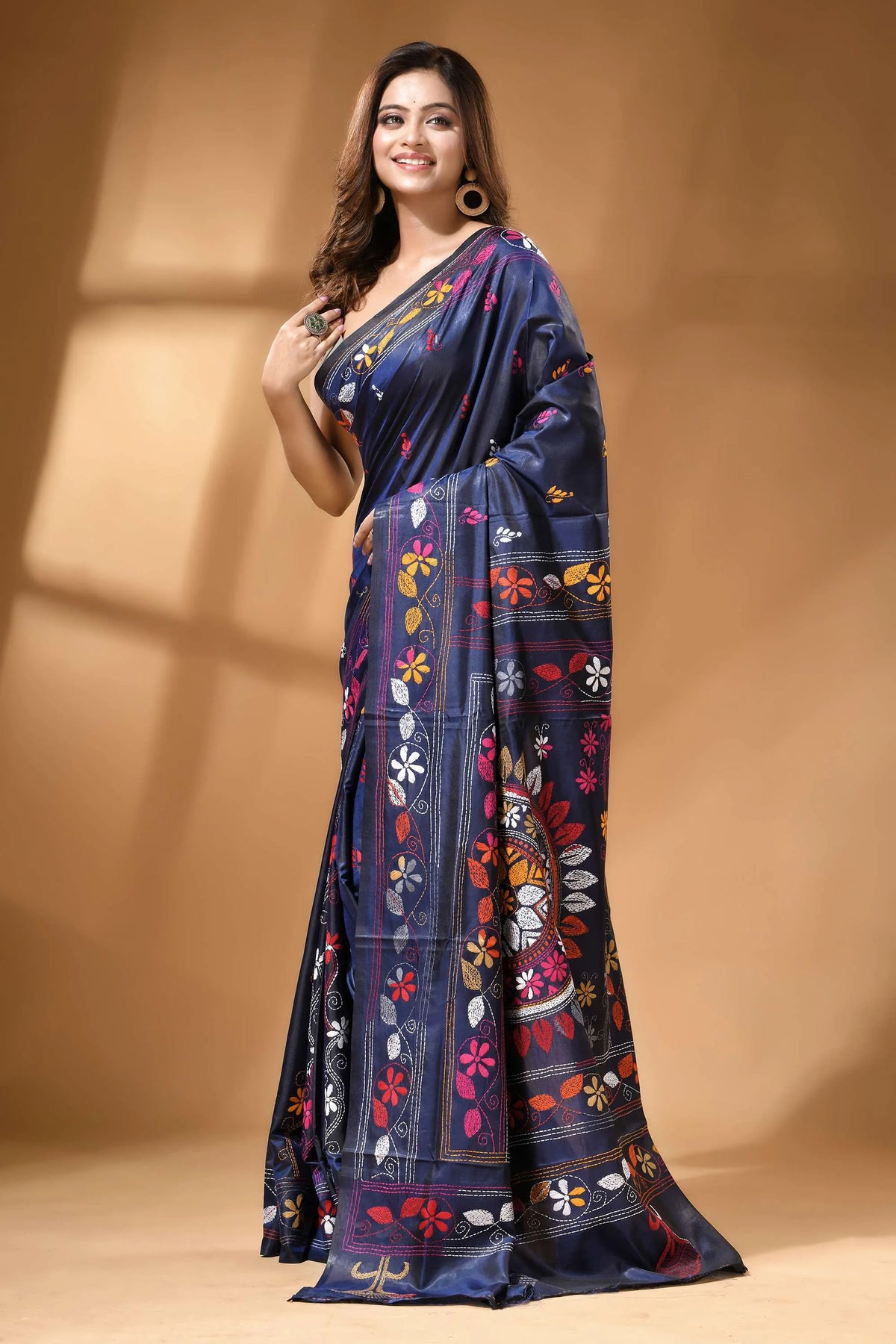 Navy Blue Multicolor Ethnic Hand Embroidery Silk – Craftyle