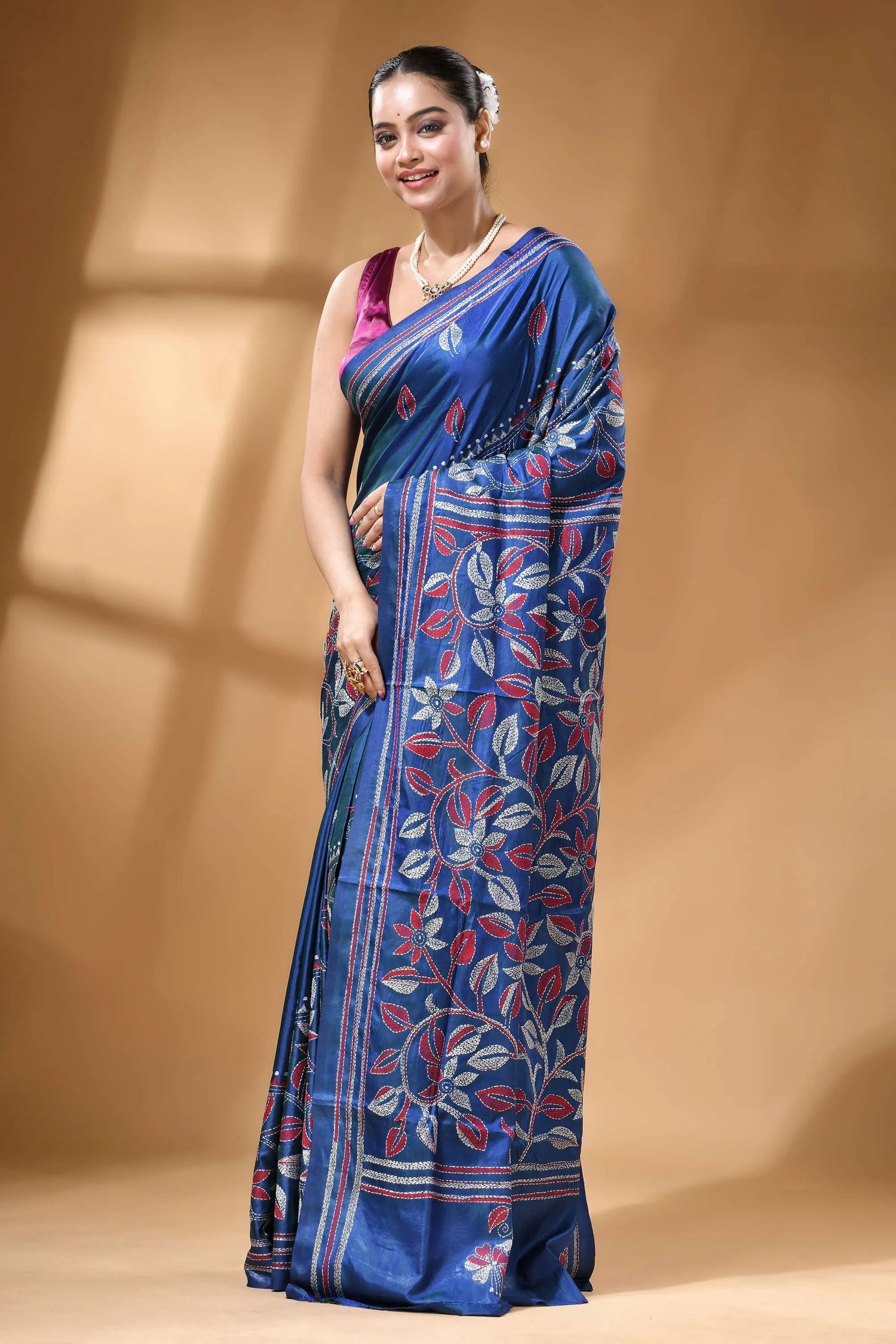 Navy blue multicolor flower motif silk kantha work saree rich blue silk saree adorned 3