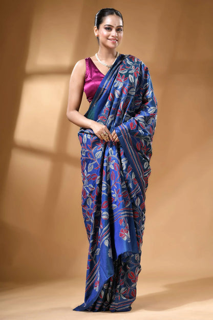 Navy blue multicolor flower motif silk kantha work saree rich blue silk saree adorned 4