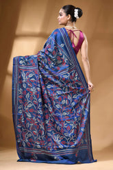 Navy blue multicolor flower motif silk kantha work saree rich navy blue silk saree 5