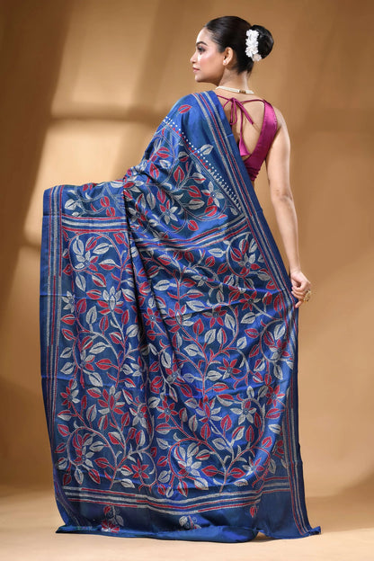 Navy blue multicolor flower motif silk kantha work saree rich navy blue silk saree 5