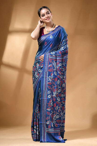 Navy blue multicolor flower motif silk kantha work saree woman wears deep blue silk 6