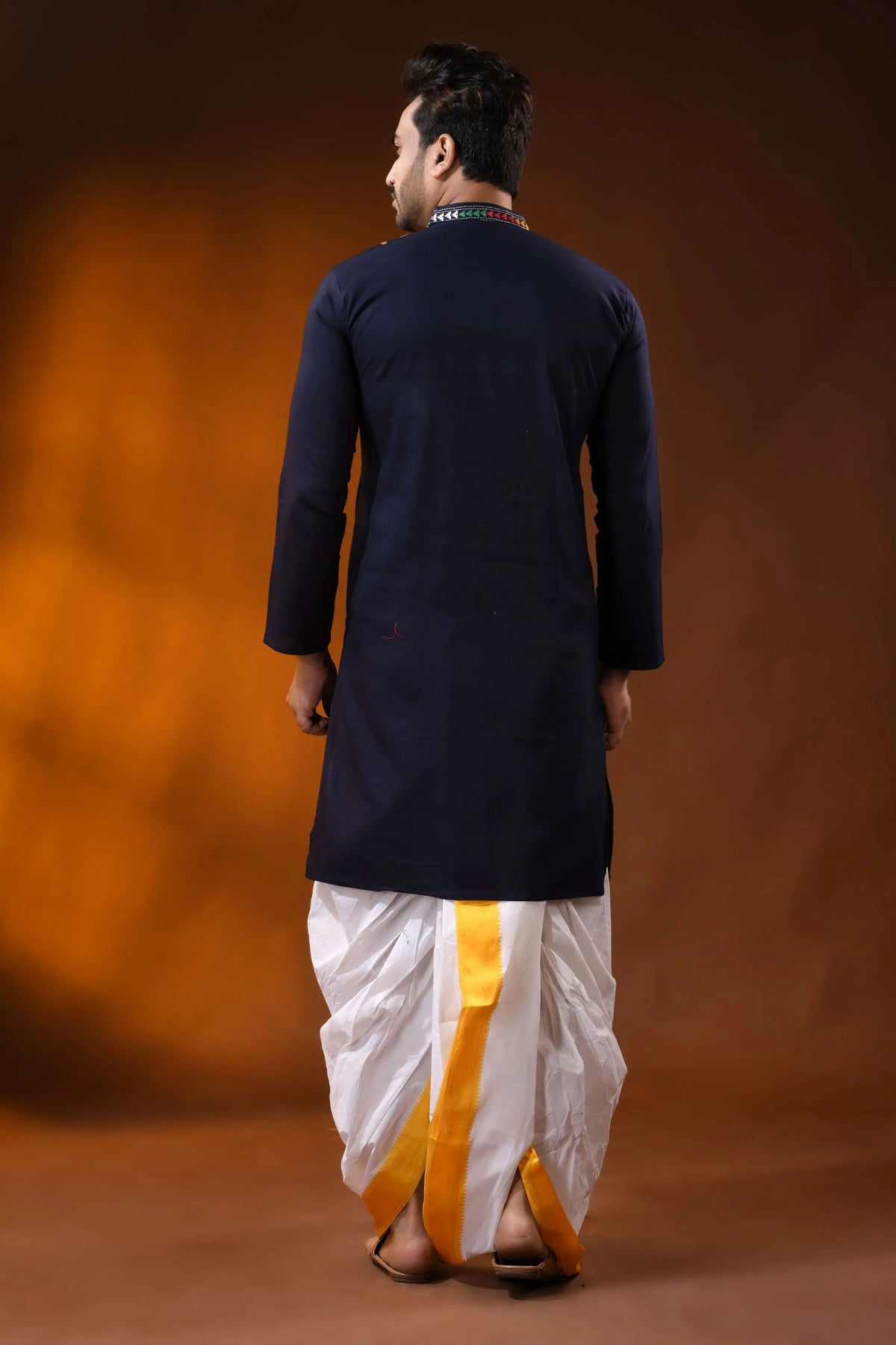 Navy blue multicolor paisley kantha embroidered pure cotton kurta for men 5