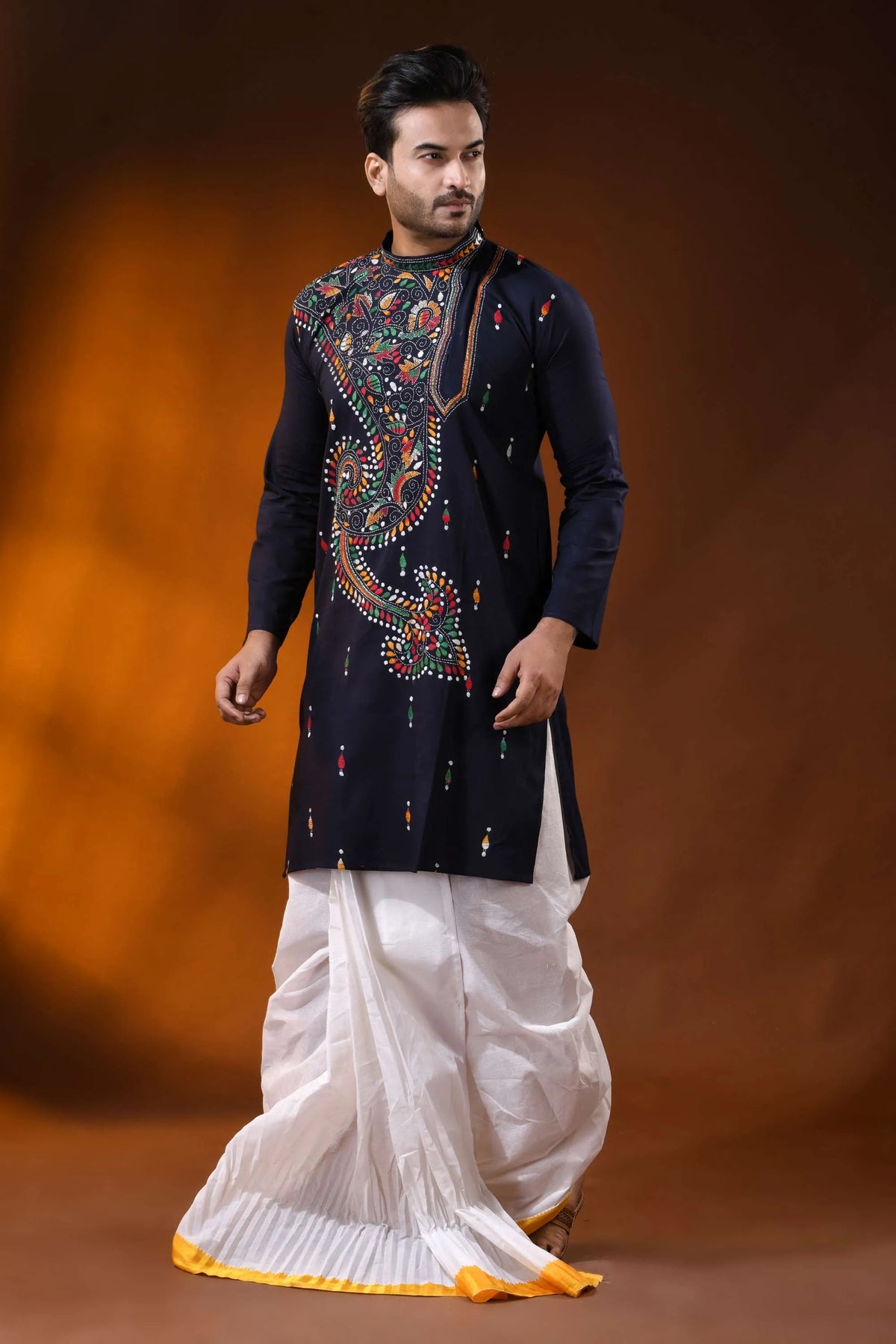 Navy blue multicolor paisley kantha embroidered pure cotton kurta for men 4