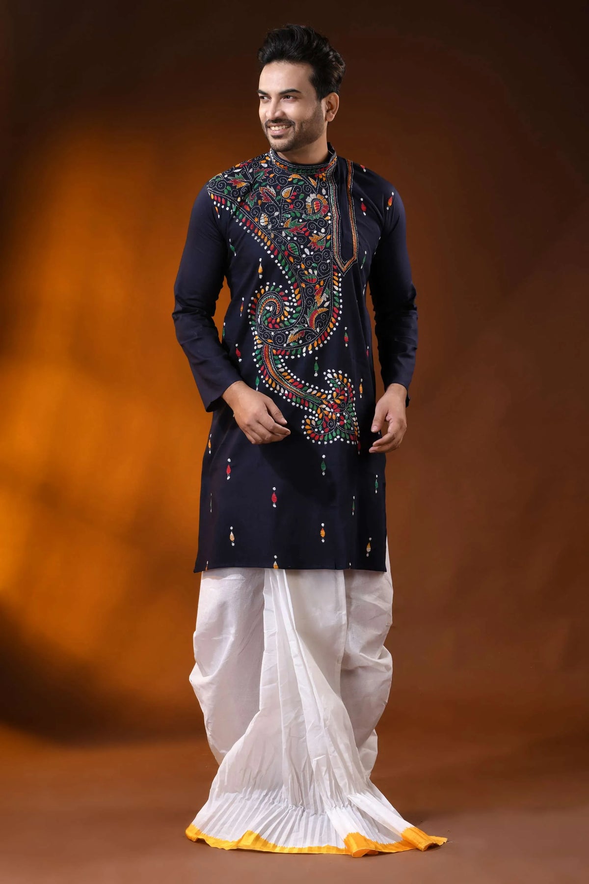 Navy blue multicolor paisley kantha embroidered pure cotton kurta for men 6