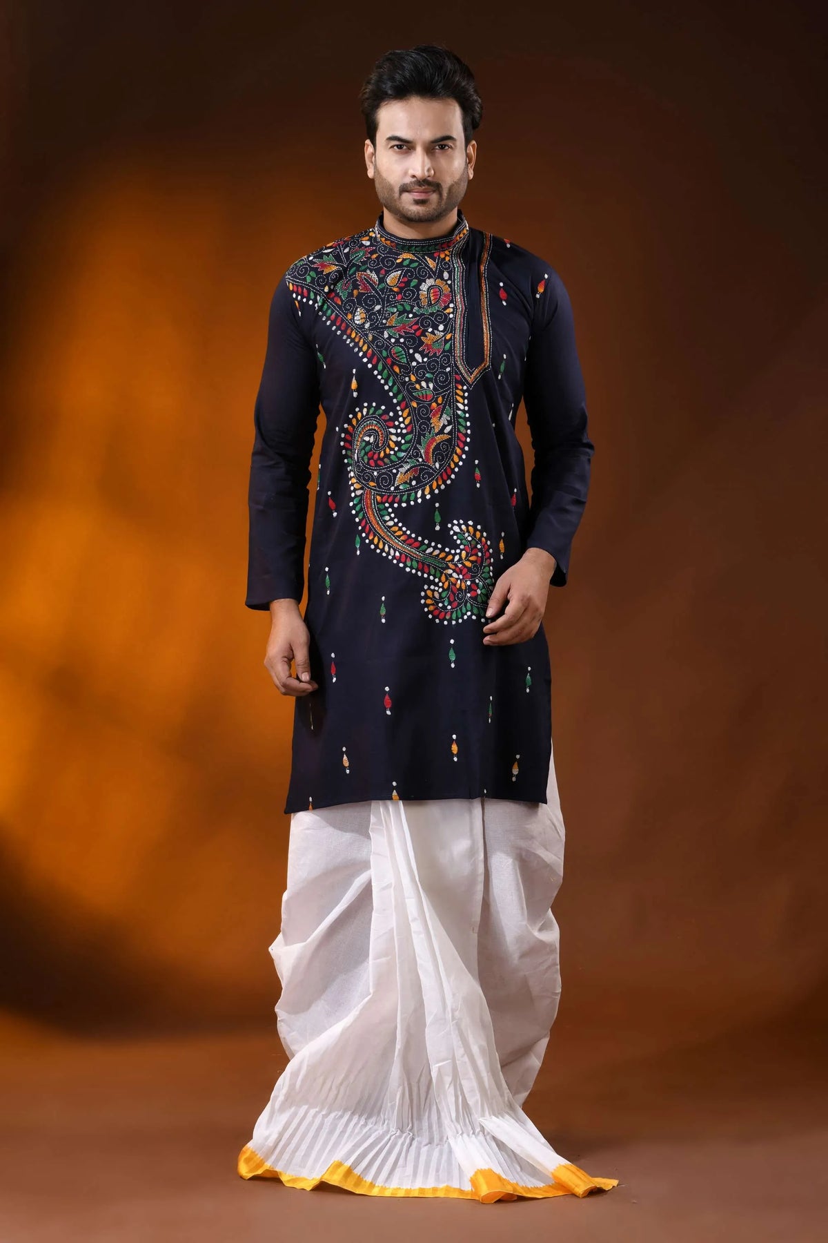 Navy blue multicolor paisley kantha embroidered pure cotton kurta for men 1
