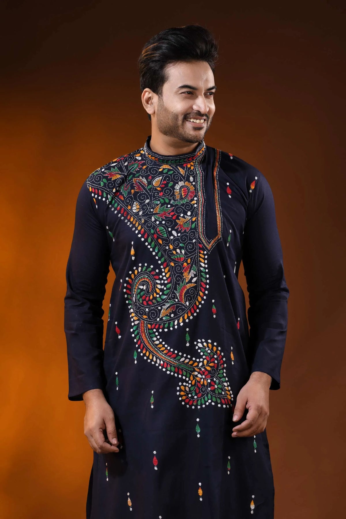 Navy blue multicolor paisley kantha embroidered pure cotton kurta for men 2