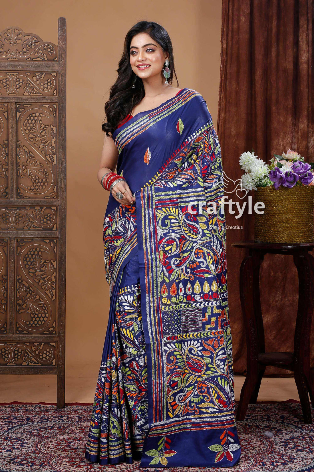 Navy Blue Multicolor Thread Hand Embroidered Kantha Silk Saree-Craftyle