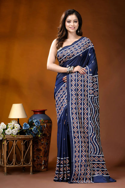 Navy blue multithread ethnic motif kutch embroidered silk saree navy blue saree intricate geometric 1