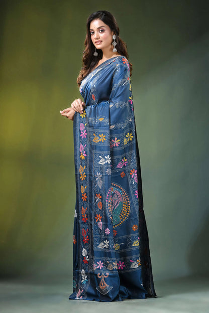 Navy blue multithread fish motif handcrafted silk kantha saree adorned 3