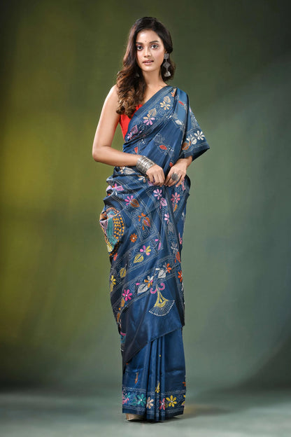 Navy blue multithread fish motif handcrafted silk kantha saree adorned 4