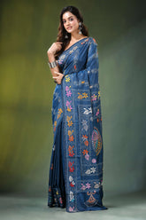 Navy blue multithread fish motif handcrafted silk kantha saree deep embroidered vibrant 6