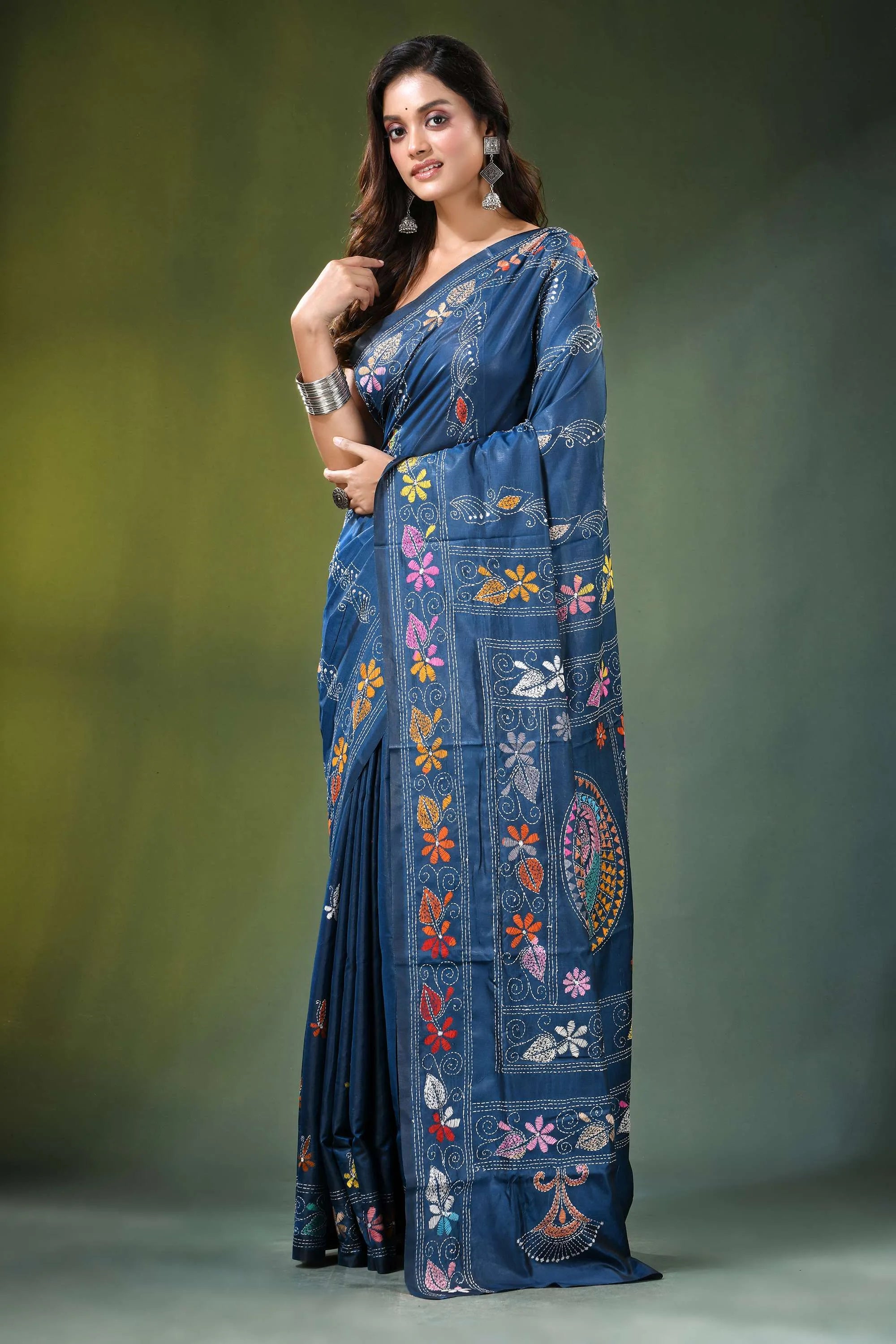 Navy blue multithread fish motif handcrafted silk kantha saree deep embroidered vibrant 6