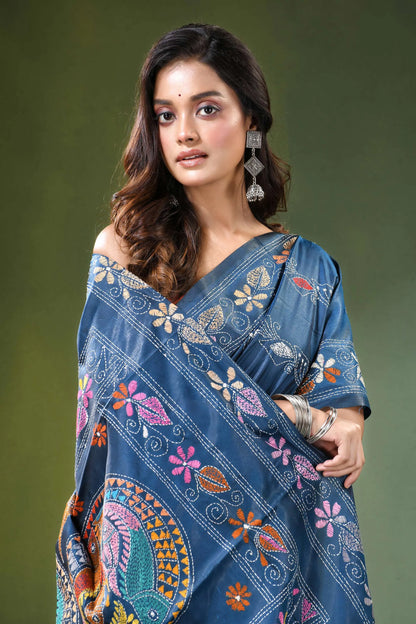 Navy blue multithread fish motif handcrafted silk kantha saree woman wears 2