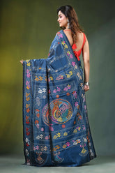 Navy blue multithread fish motif handcrafted silk kantha saree rich 5