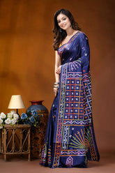 Navy blue multithread handcrafted gujrati stitch silk saree navy blue saree intricate multicolored 3