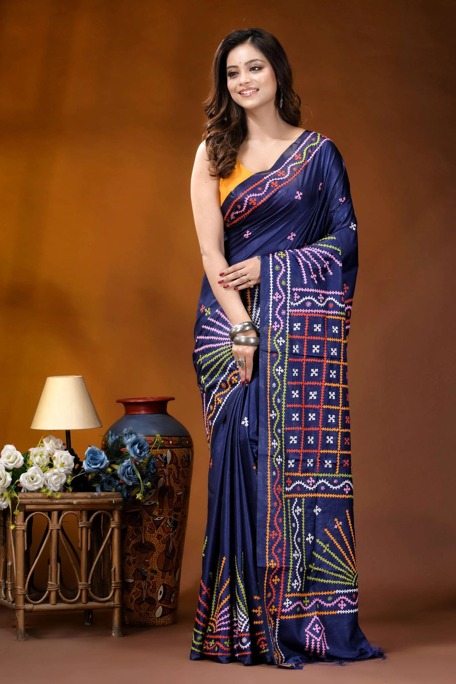 Navy blue multithread handcrafted gujrati stitch silk saree navy blue silk saree adorned 6