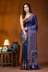Navy blue multithread handcrafted gujrati stitch silk saree navy blue silk saree adorned 6