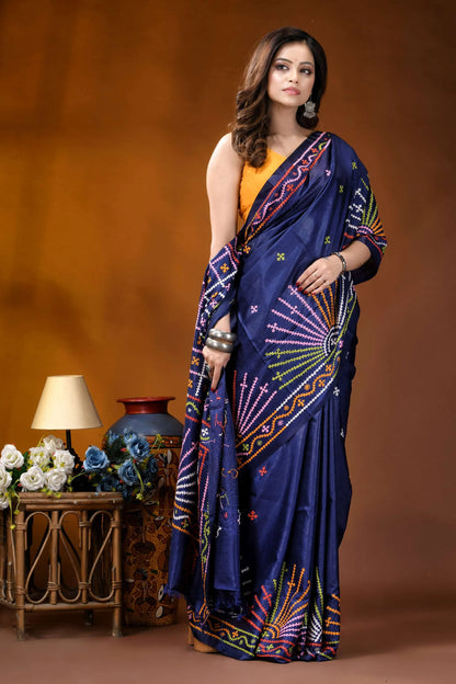 Navy blue multithread handcrafted gujrati stitch silk saree deep navy blue silk saree 5