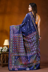 Navy blue multithread handcrafted gujrati stitch silk saree navy blue saree intricate multicolored 4