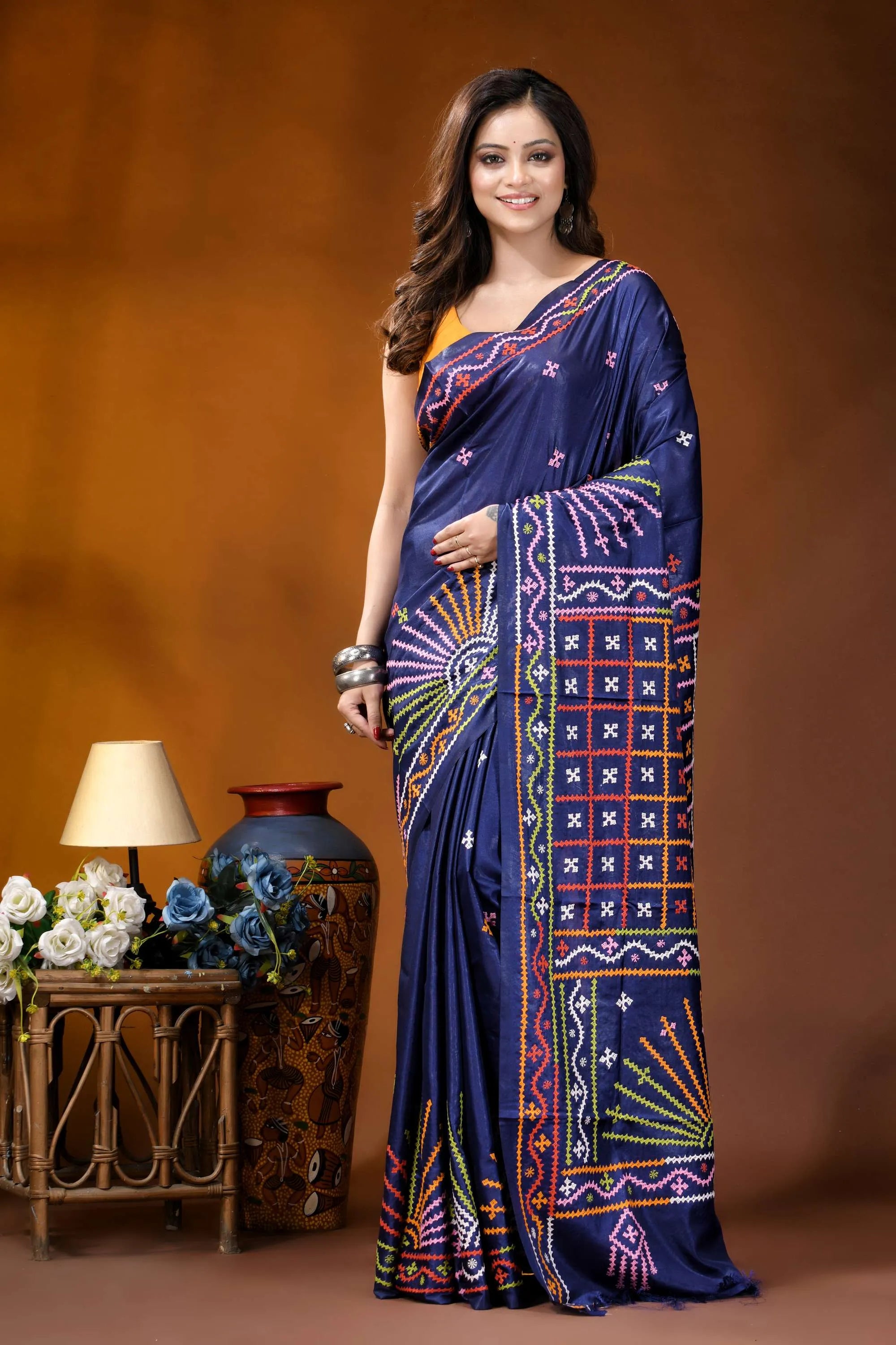 Navy blue multithread handcrafted gujrati stitch silk saree deep navy blue silk saree 1