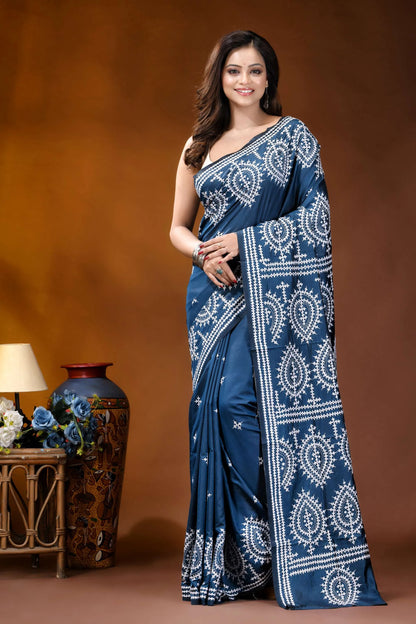 Navy blue paisley motif handmade kutch embroidery silk saree navy blue silk saree adorned 1