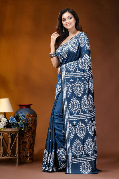 Navy blue paisley motif handmade kutch embroidery silk saree navy blue saree intricate white 3