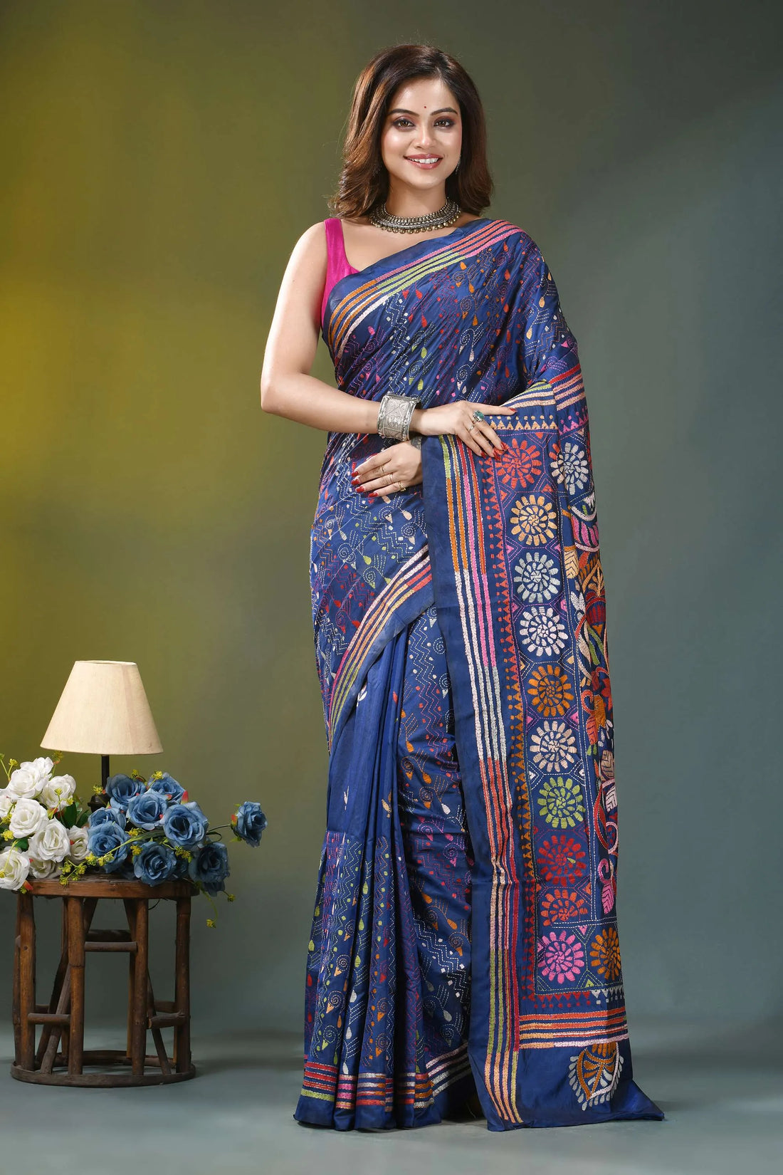 Navy blue paisley pattern hand embroidery kantha silk saree woman wears navy blue silk 1