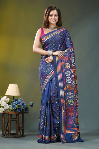 Navy blue paisley pattern hand embroidery kantha silk saree woman wears navy blue silk 1