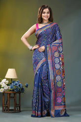 Navy blue paisley pattern hand embroidery kantha silk saree woman wears vibrant blue saree 6