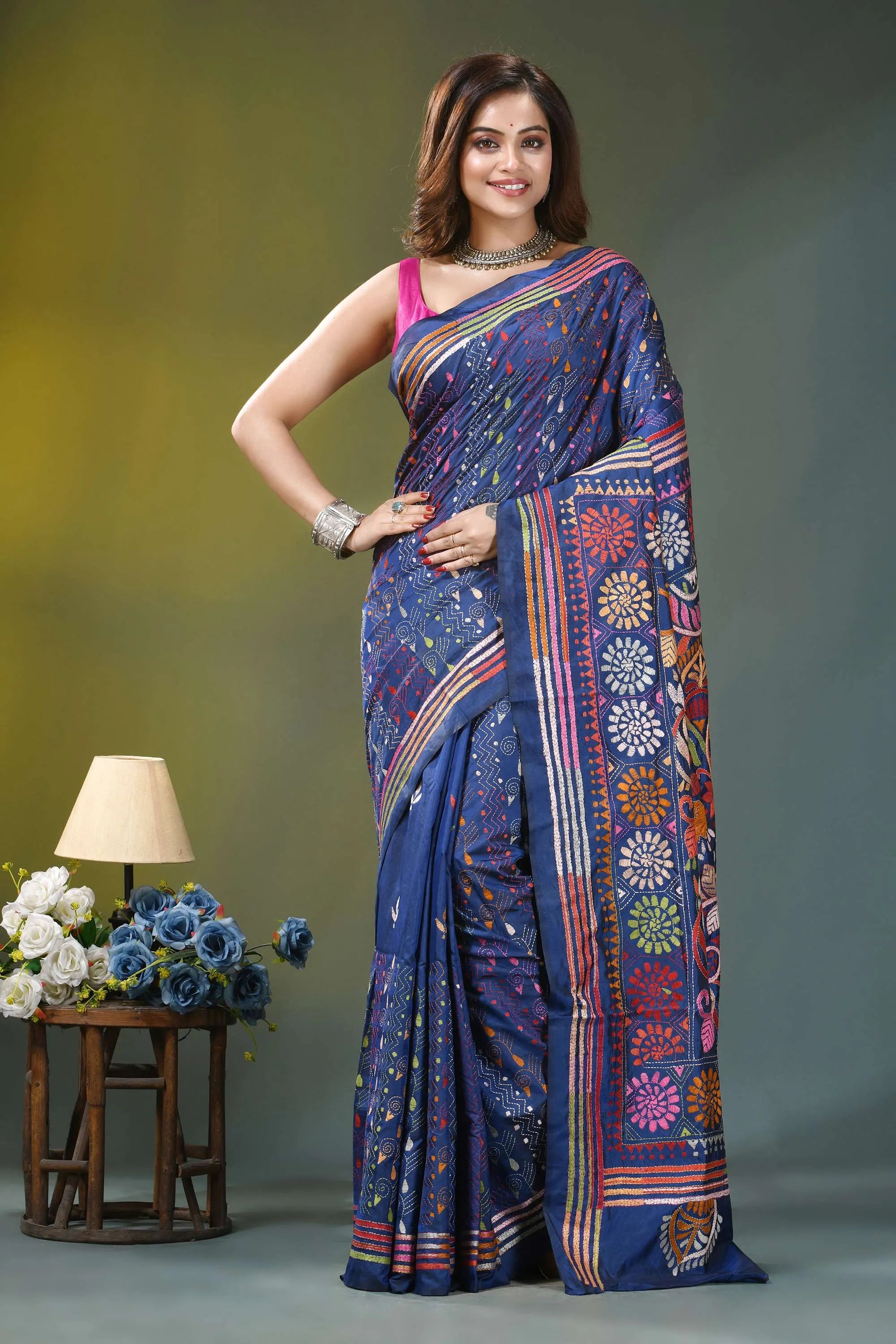 Navy blue paisley pattern hand embroidery kantha silk saree woman wears vibrant blue saree 6