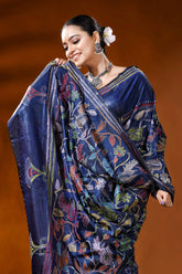 Navy blue silk kantha saree with multicolor floral bird motif 2