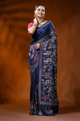 Navy blue silk kantha saree with multicolor floral bird motif 6