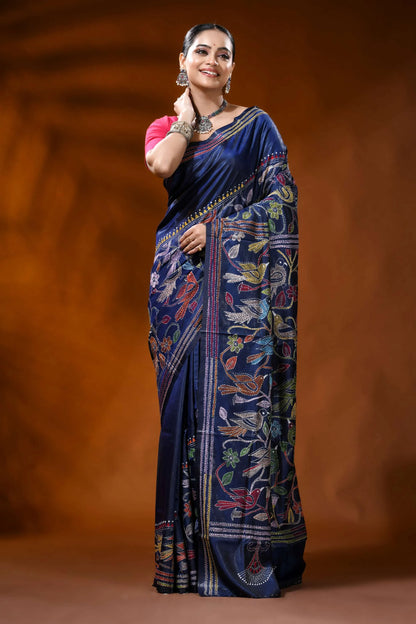 Navy blue silk kantha saree with multicolor floral bird motif 6