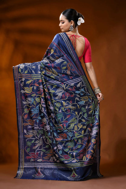 Navy blue silk kantha saree with multicolor floral bird motif 5