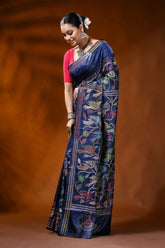 Navy blue silk kantha saree with multicolor floral bird motif 3