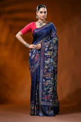 Navy blue silk kantha saree with multicolor floral bird motif 1