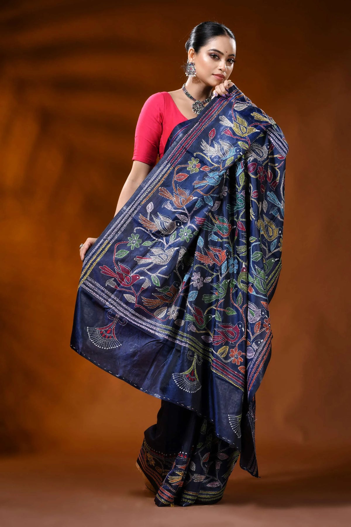 Navy blue silk kantha saree with multicolor floral bird motif 4