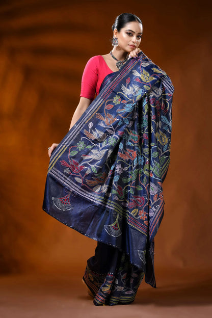 Navy blue silk kantha saree with multicolor floral bird motif 4