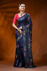 Navy blue silk kantha saree with multicolor swan lotus motif 6