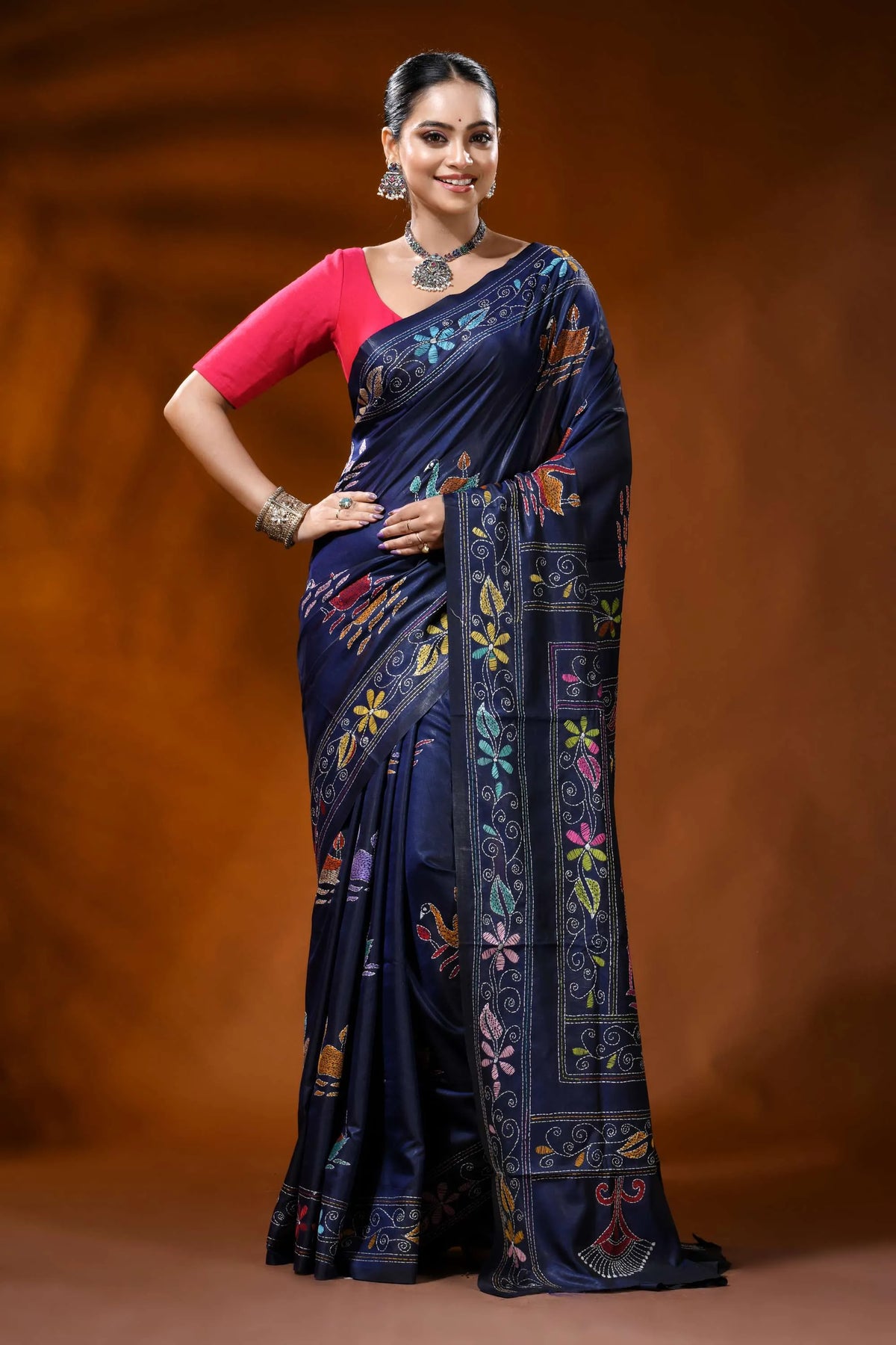 Navy blue silk kantha saree with multicolor swan lotus motif 1