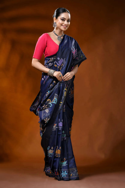 Navy blue silk kantha saree with multicolor swan lotus motif 4