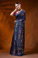 Navy blue silk kantha saree with multicolor swan lotus motif 3