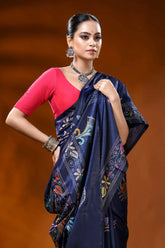 Navy blue silk kantha saree with multicolor swan lotus motif 2