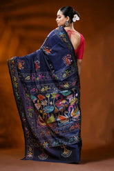 Navy blue silk kantha saree with multicolor swan lotus motif 5