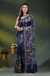 Navy blue silk kantha stitch saree with multicolor bird motif 6