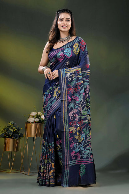 Navy blue silk kantha stitch saree with multicolor bird motif 6